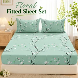 3Pcs Floral Fitted Sheet Set Soft Blossom Bed Sheet with 2 Pillowcases Deep Pocket Printed Bedding for Twin Full Queen King