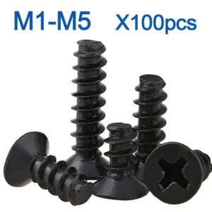 100pcs/lot Cross Recessed Countersunk Head Self-tapping Screw M1 M1.2 M2 M2.3 M2.6 M3 M4 M5 Black Carbon Steel Mini Screw