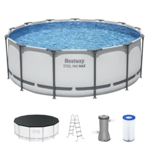 Steel Pro MAX 13' x 48" Above Ground Pool Round Metal Frame Outdoor Swimming Pool Set with Filter Pump Ladder and Cover Gray