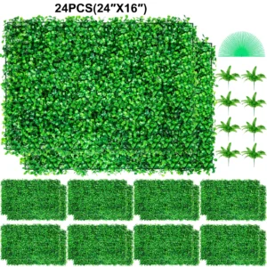 SucceBuy Artificial Boxwood Panel  24pcs 20x20/24x16 in Boxwood Hedge Wall Panels Artificial Grass Backdrop Wall Green Grass