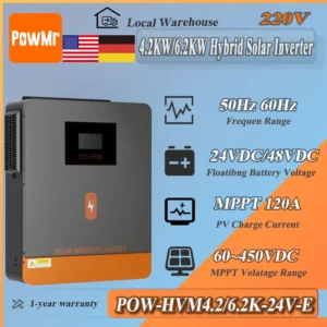 PowMr 4.2KW 6.2KW Hybrid Solar Inverter 24V 48V to 220Vac MPPT 120A Charge Controller 450V Max PV Voltage for Home Solar System