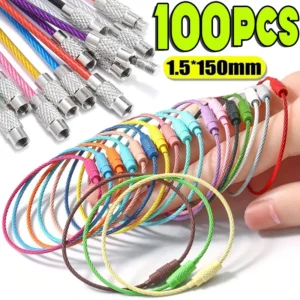 10-100pcs Stainless Steel Wire Keychain Ring Key Keyring Circle Rope Cable Loop Outdoor Camp Luggage Tag Screw Lock Gadget