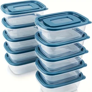 A Set of 6 Transparent Stackable Plastic Food Storage Containers with Blue Lids and Measurement Markings—Reusable, Dishwasher Sa