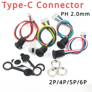 5PCS 2Pin - 6Pin USB-C Connector Type-C Waterproof with PH 2.0 Nut Locking Panel Mounting TPC Waterproof Fast Charging Jack Por