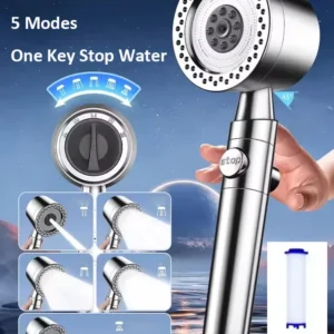 New 5 Mode Pressurized Shower Head With Filter Stop Button Water Saving Spray Nozzles Big Boost Showerhead Bathroom Accessories