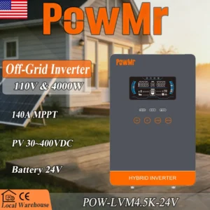 POWMr 4KW 24V Off-Grid Solar Inverter Charger Pure Sine Wave Inverter Built in 140A MPPT Max 5600W PV Wide PV 55 to 350V Li-BMS Comms with LCD Touchscreen Configurable Power Priority for Home RV Inversor