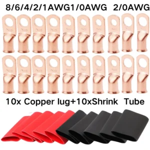 20pcs Copper Terminal Connectors, AWG 2 4 6 8 1/0 2/0 Ring Lug With Shrink Tubing 10Battery Cable Lugs, With 10 Shrink Tubing