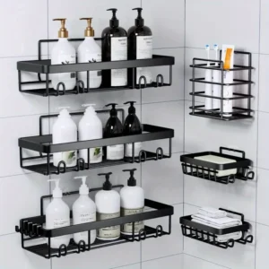 6 Pack Shower Caddy Shelf Organizer Rack, Self Adhesive Black Bathroom Shelves Basket, Bathroom Accessory Decor Set, No Drilling