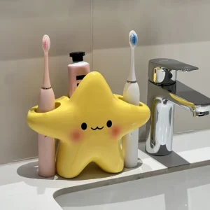 Cute Star-Shaped Toothbrush Holder Freestanding Bathroom Organizer with Cute Face Design, Space-Saving Toothbrush & Toothpaste
