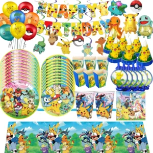Pokemons Party Birthday Decoration Happy Pikachu Theme Tableware Cups Plates Balloons Banner Supplies Kids Favors Baby Shower