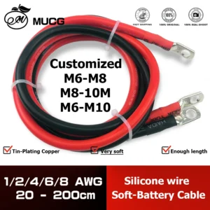 Customized M6-M8 M8-M10 M6-10M Very Soft Car Battery Cable Silicone wire With Lug Ring Terminal cable Black Red 2AWG 4AWG 6AWG