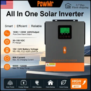 PowMr 220V 1KW 1.5KW Off Grid Hybrid Inverter DC 12V 24V to 230V AC Max PV 150Vdc with 80A MPPT Solar Charge Controlller for PV Home