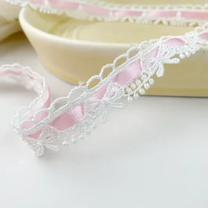 1 Yard X 1.8cm Pink & White Floral Bow Ribbon Lace Trim - Ideal for DIY Crafts,Sewing Edges & Decorative Accessories