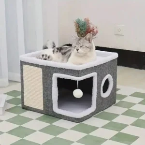 4-Season Multi-Level Cat House: Foldable Indoor Play Cube with 2-Layer Bed, Toy Tunnel, Scratching Board, Climbing Rope, Soft Cushions, and Non-Slip Base - Perfect Cat Cave & Warm Bed for Small to Large Cats (Grey)