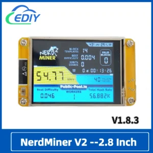 NerdMiner V2 Hashrate, Smart Display, Crypto Solo, Lottery, Nerd Miner, Bitcoin Miner ESP32-2432S028R, 49 K/S, 2.8 inch