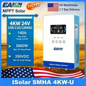 EASUN POWER 4KW 110/120v Power Solar Inverter Off Grid 5600W 24V Pure Sine Wave MPPT Solar Charger Power Home Inversor 6.25 Inch LCD Display US warehouse