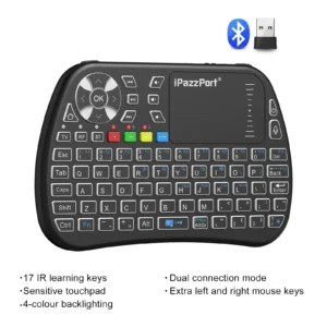 IPazzPort Bluetooth Mini Keyboard with Touchpad, 2.4Ghz, Backlight, Rechargeable, Compatible with Smart TV, Android TV Box, PC
