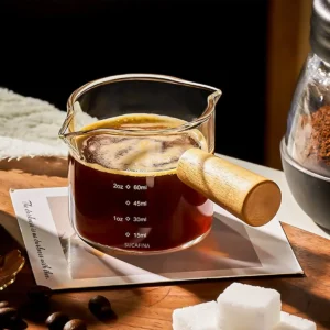 1pc Glass Measuring Cup Wood Handle Glass Espresso Measuring Cup Double Single Mouth Milk Coffee Clear Mug Coffee Supplies