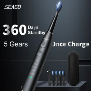 Seago Electric Toothbrush USB Rechargeable Adult 360 Days Long Battery Life IPX7 4 Replacement Heads Travel Box SG-575