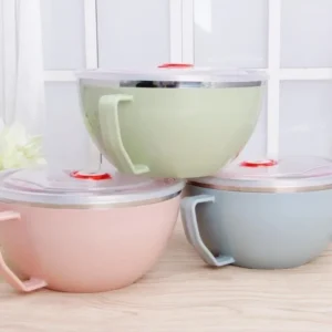 Stainless Steel Bowl with Handle Solid Color Anti Scalding Instant Noodles Mixing Bowl Kitchen Tableware Food Accessory