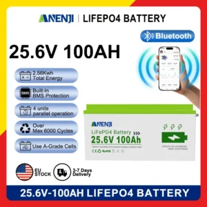 ANENJI 25.6V 100Ah Lithium Iron Phosphate Battery Pack Class A Battery 6000+Cycle Built in 100A BMS Home Energy Storage Battery