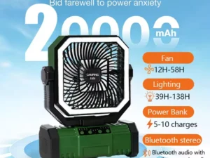 Outdoor Camping Fan 20000mAh Rechargeable Fan with LED Lantern & Remote for Fishing Travel, 4 Speeds 8H Timer, Hanging Hook
