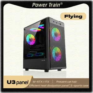 Power Train Flying PC Gaming Case MATX Side Transparent Glass Computer Case Iron Net Heat Dissipation U3 Interface E-Sports Case