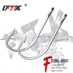 FTK Fishing Hooks 1-10#50PCS 1/0#-10/0# 25pcs Pack High Carbon Stainless Steel Barbed Carp or Bass with Fishing Hook Tackle