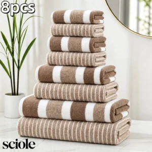 8-Piece Ultra Absorbent Towel Set, Lint-Free & Super Soft Two-Tone Striped Bath Towel Collection, Premium Microfiber Bathroom Towel Set Includes 2 Bath Towels, 2 Face Towels & 4 Hand Towels, Suitable for Bathroom, Spa & Hotel Use