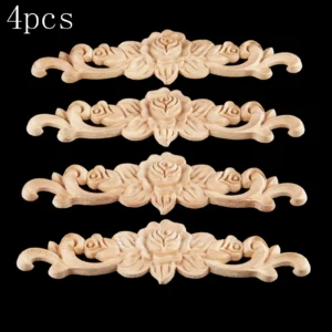 4pcs Woodcarving Decal Corner Long Onlay Applique Unpainted Door Furniture Decor Wooden Figurines Craft Rose Strip 20*5cm