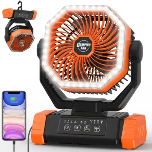 A camping fan powered by a 40000 mAh battery, rechargeable fan, with LED lights, equipped with a remote control and timer