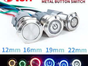 12 16 19 22mm With Wire Waterproof Metal Push Button Switch LED Ring/Power Light Momentary Latching 5/12/24/220V silver1NO1NC