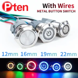 12 16 19 22mm With Wire Waterproof Metal Push Button Switch LED Ring/Power Light Momentary Latching 5/12/24/220V silver1NO1NC