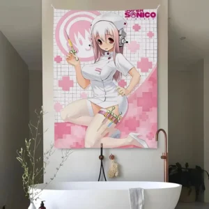 VIKAMA Soft Art Tapestry, Pink Angel Nurse Anime Mural, Fabric Wall Hanging for Study, Bedroom, and Living Room Wall Decor