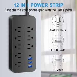 Power Strip US Plug AC Outlets Multitap Electrical Socket Extension Cord With USB C Ports Fast Charging Network Filter Adapter
