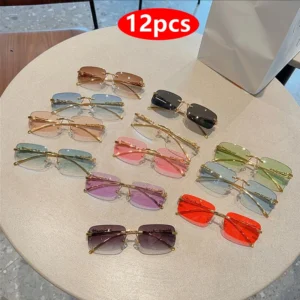 12pcs New Rimless Small Rectangle Sunglasses Fashion Y2K Frameless Sun Glasses Shades Leopard Decoration For Women Men UV400