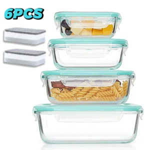 Glass Food Storage Containers 4-Pack with Lids, Airtight Leakproof for Lunch, Meal Prep, Dishwasher Safe, Green (12.5 to 42 Oz)