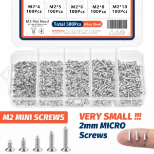 500pcs Mini M2 Self Tapping Screws Phillips Flat Head Alloy Steel Assortment Kit 5 Sizes Cross Drive DIY Set for Electronics