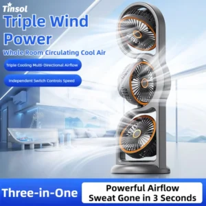 TINSOL New Portable USB Rechargeable Three-Head Fan – 360° Circulation, 5-Speed Wind, Dormitory and Outdoor Desktop Fan