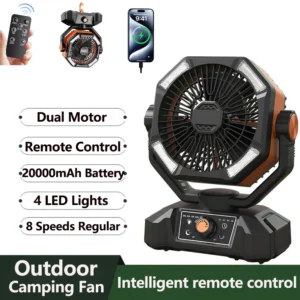 20000mAh Battery Camping Fan with 4 LED Lantern 8 Speeds Desk Fan Portable Outdoor Fan for Outdoor Camping Tent and Fishing