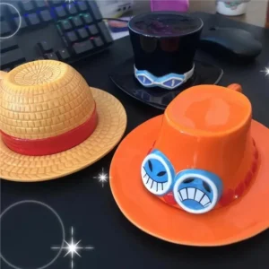 Anime Coffee Mug with Saucer Creative Luffy Ace Sabo Three Brothers Hat Shaped Ceramic Coffee Cup Child's Birthday Gift Cup