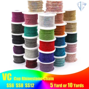 New Arrival Colorful Rhinestone Chains Dense Fancy Chain Apparel Sewing Glass Rhinestone Cup Chain With Colorful Base