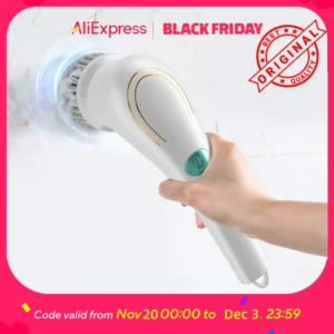 Electric Power Scrubber 5-Head Kit - Rechargeable, Steel Wool Pads, Long Handle for Kitchen, Bath, Grill, Waterproof (Gray)