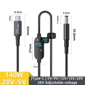 140W USB C to DC Power Cable 140W Type C to 5V 9V 12V 15V 20V 28V Adjustable Voltage Adapter Connector Cable for Laptop Routers