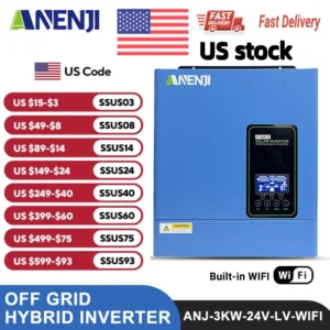 ANENJI US stock 110-120V 3KW 24V hybrid Solar Inverter built-in MPPT 100A Charger Controller Pure Sine Wave Home Inverter WiFi