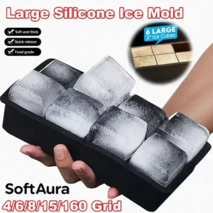 SoftAura 4/6/8/15/160 Grid Large Silicone Ice Cube Tray Food Grade Jumbo Ice Maker Mold Square Ice Tray for Home Kitchen DIY
