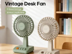 KINSCOTER Vintage Desktop Fan 2000mAh 90° Tilt Adjustable Mini Rechargeable Fan 5 Gear Speed for Home/Office/Student/Gift