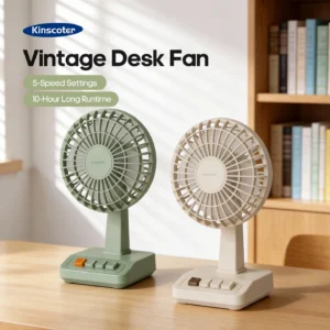 KINSCOTER Vintage Desktop Fan 2000mAh 90° Tilt Adjustable Mini Rechargeable Fan 5 Gear Speed for Home/Office/Student/Gift