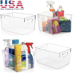 4 Pack Clear Plastic Storage Bins, Pantry Organizers and Storage Containers Fridge Organizer Bins Kitchen Cabinet Organizer
