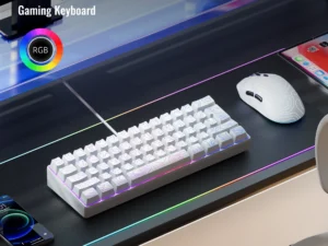 60% Compact Wired Keyboard with RGB Backlight and Membrane Keyswitches. Suitable for Windows tablets, laptops and gamers. White.